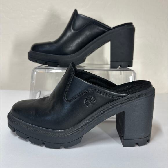 Timberland Allington Heights Clogs Block Heel Leather Black Slip On Size 9 - Picture 2 of 11